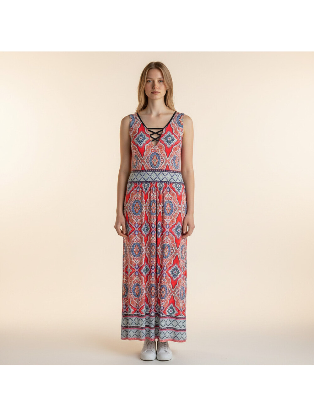 Studio One New York Dress Women M Medium Red Geometric Maxi Long V-Neck Lined